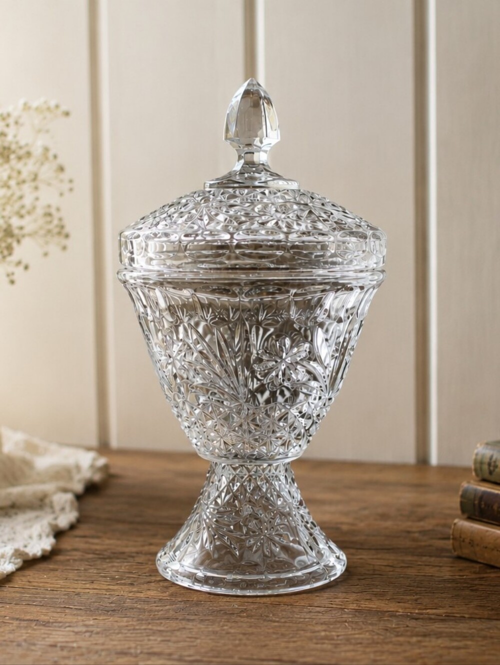 Vintage Carlyle Style Heavy Cut Lead Crystal Pedestal Candy Dish w/Lid 10"